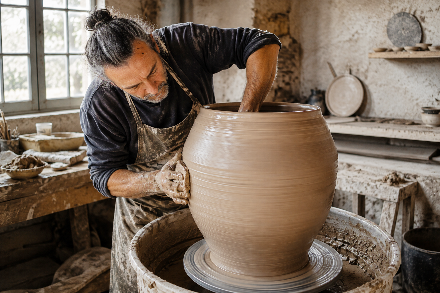 Céramiste au tour dans son atelier