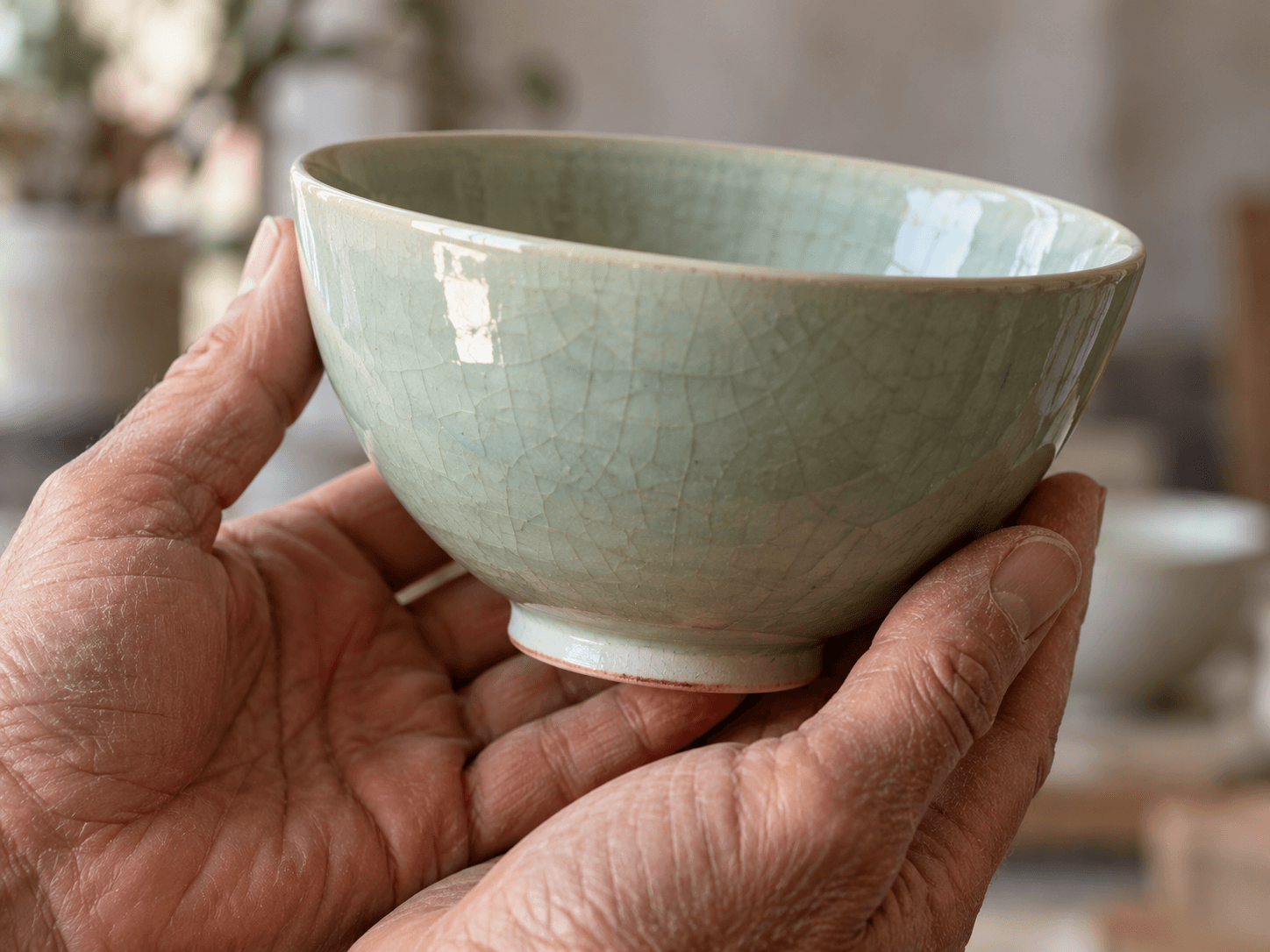 Bol en porcelaine céladon tenu dans la main