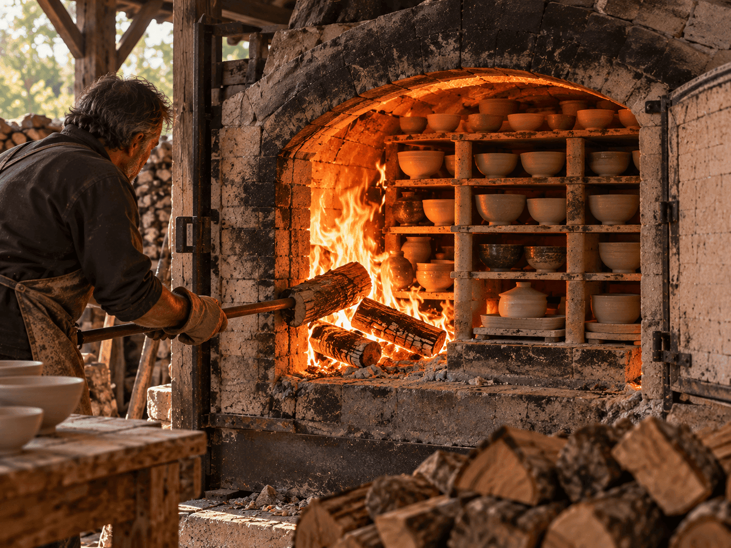 Artisan céramiste cuisant des pièces dans un four traditionnel en feu.
