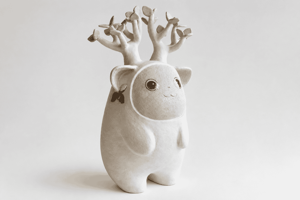 Figurine en céramique d'un animal mignon avec arbre en fleurs sur la tête.