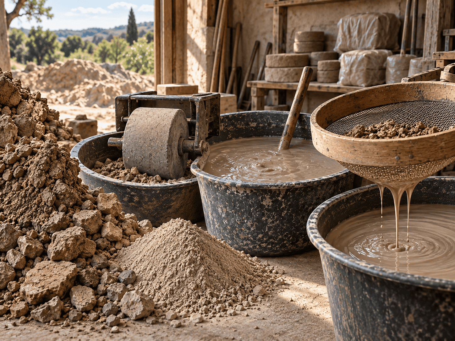 Préparation de la terre en poterie