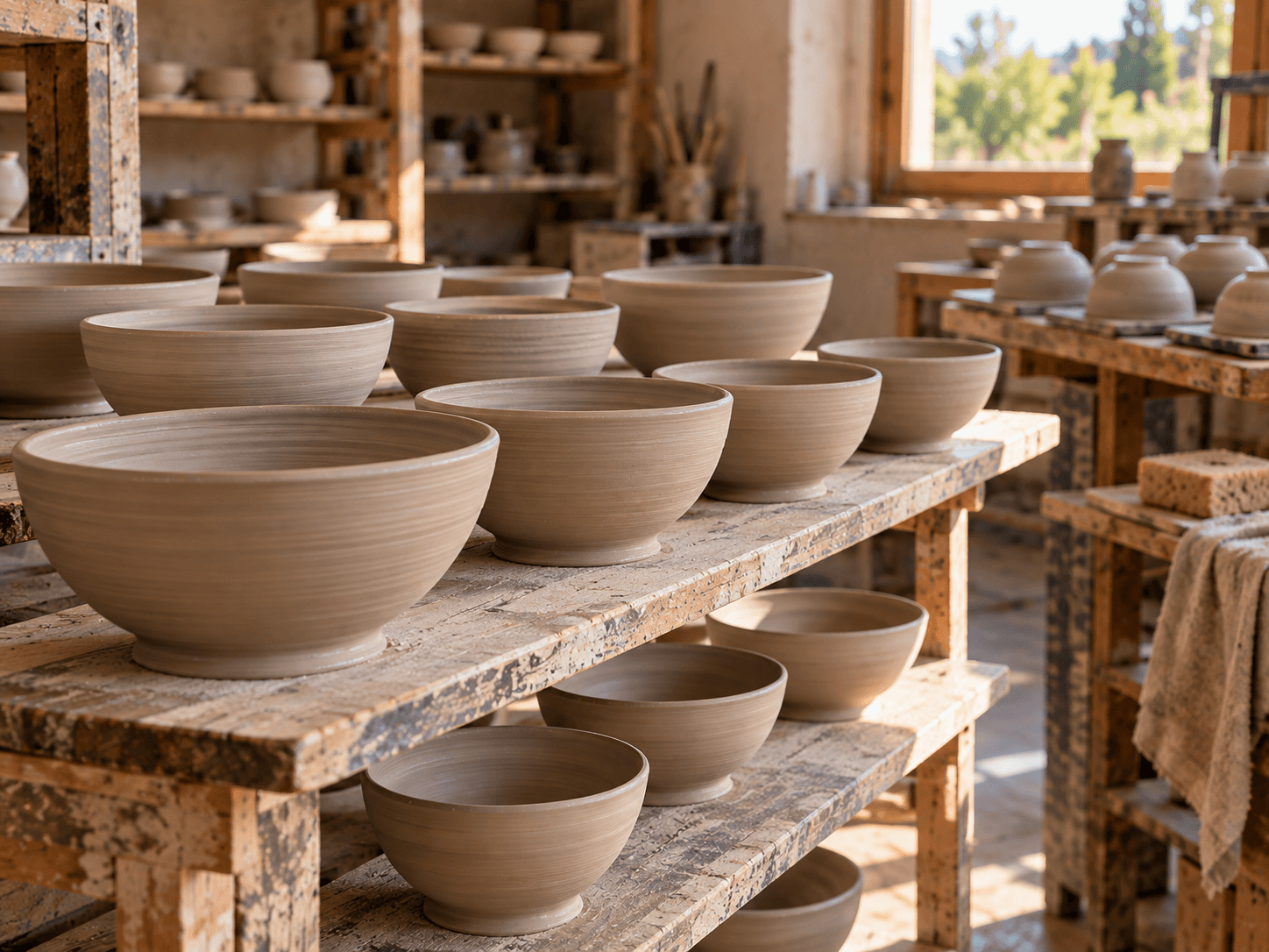 Vases en céramique non émaillée dans un atelier artisanal.