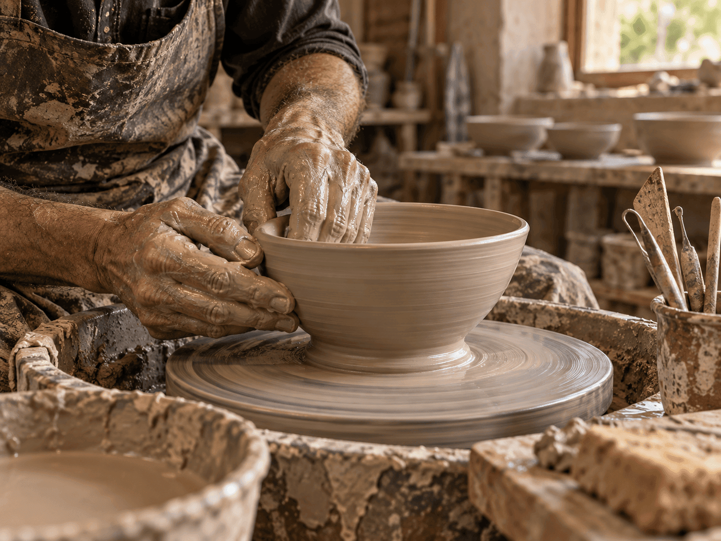 Artisan céramiste créant un bol en argile à la main.