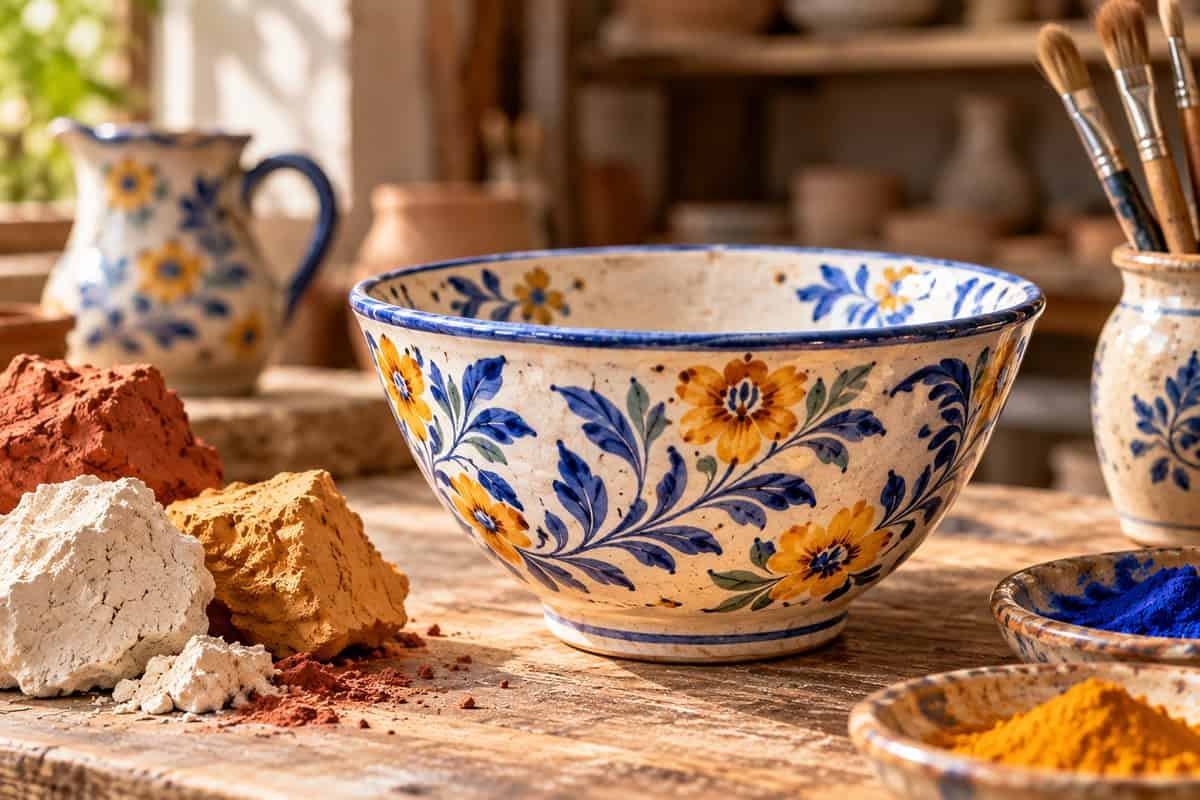 Atelier de faïence avec pigments colorés